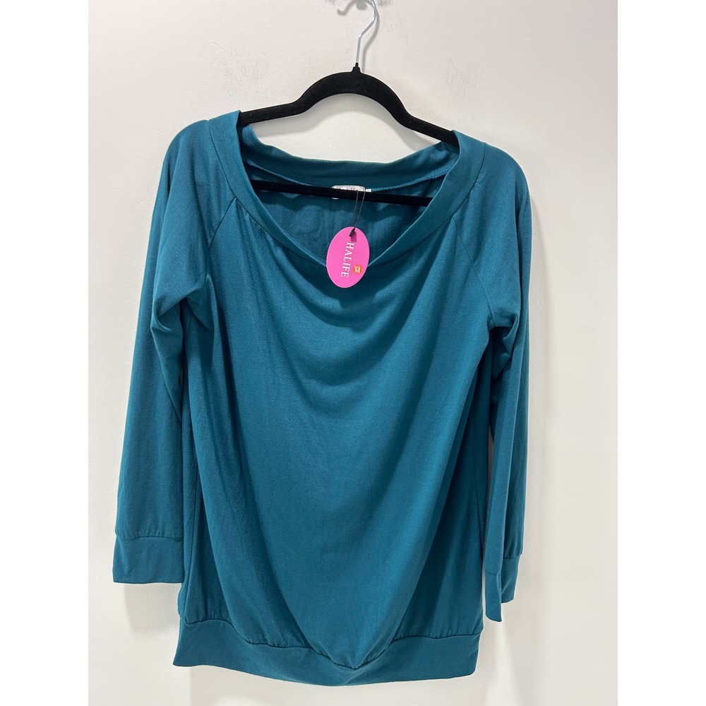 NWT Women's Teal Blue Boat Neck Raglan Long Sleeve Banded Hem Top Size Medium